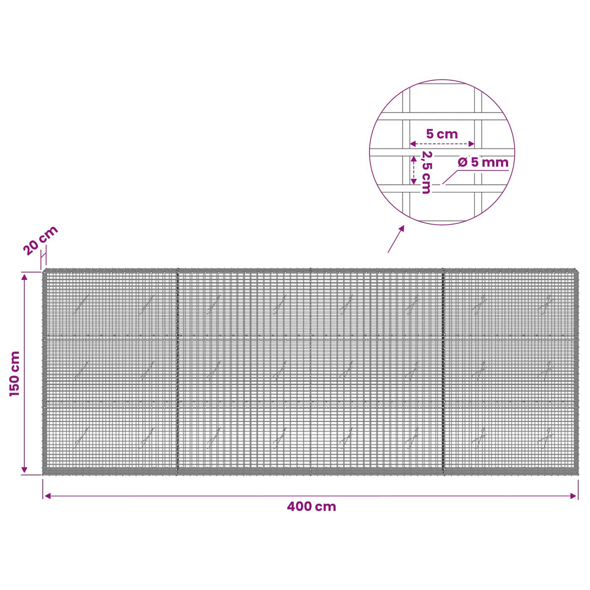 vidaXL Gabion with 5 mm Wire and 5x2.5 cm Mesh 400x20x150 cm 6