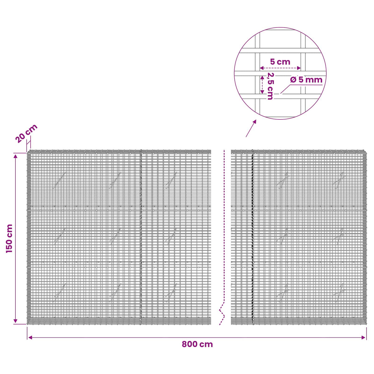 vidaXL Gabion with 5 mm Wire and 5x2.5 cm Mesh 800x20x150 cm 6