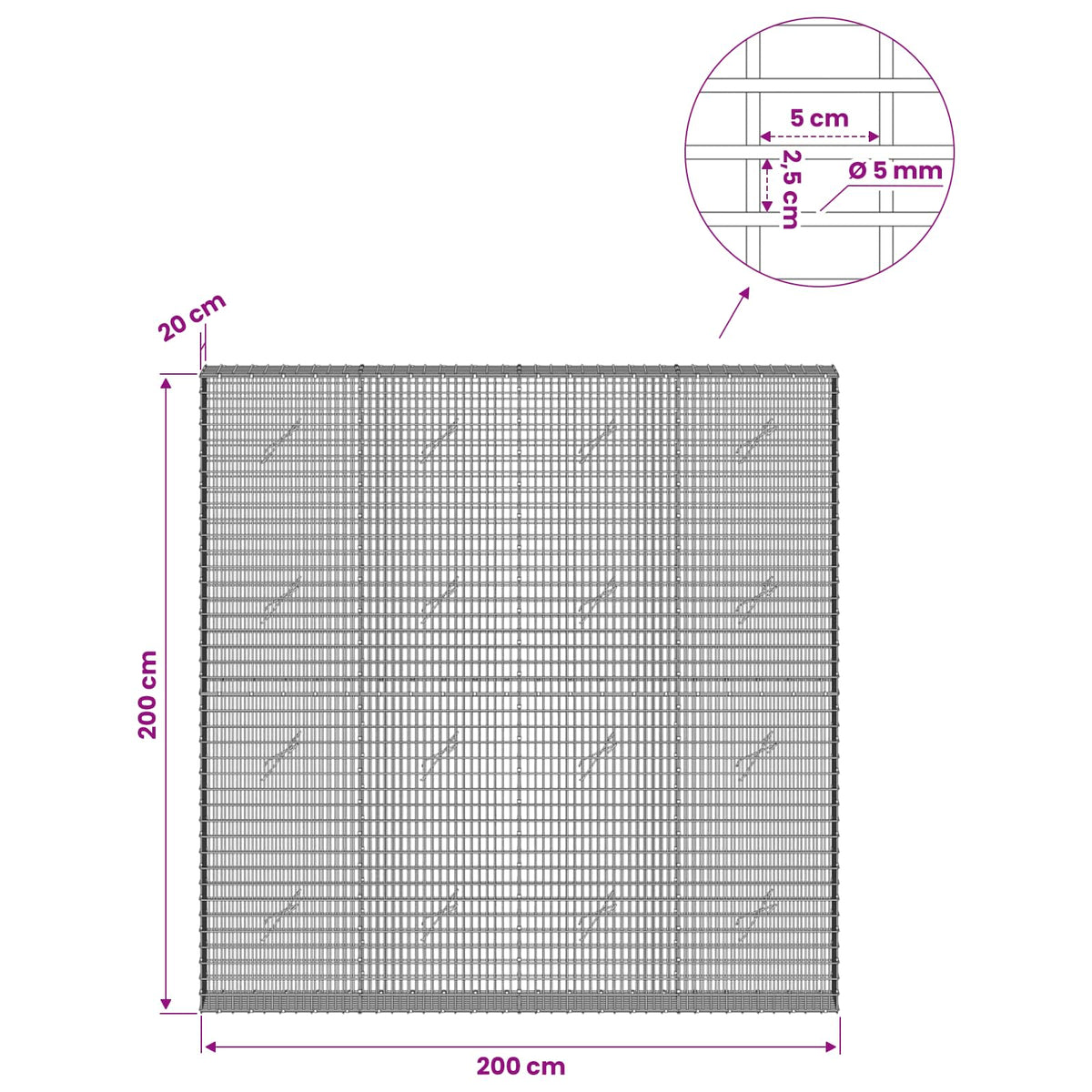 vidaXL Gabion with 5 mm Wire and 5x2.5 cm Mesh 200x20x200 cm 6