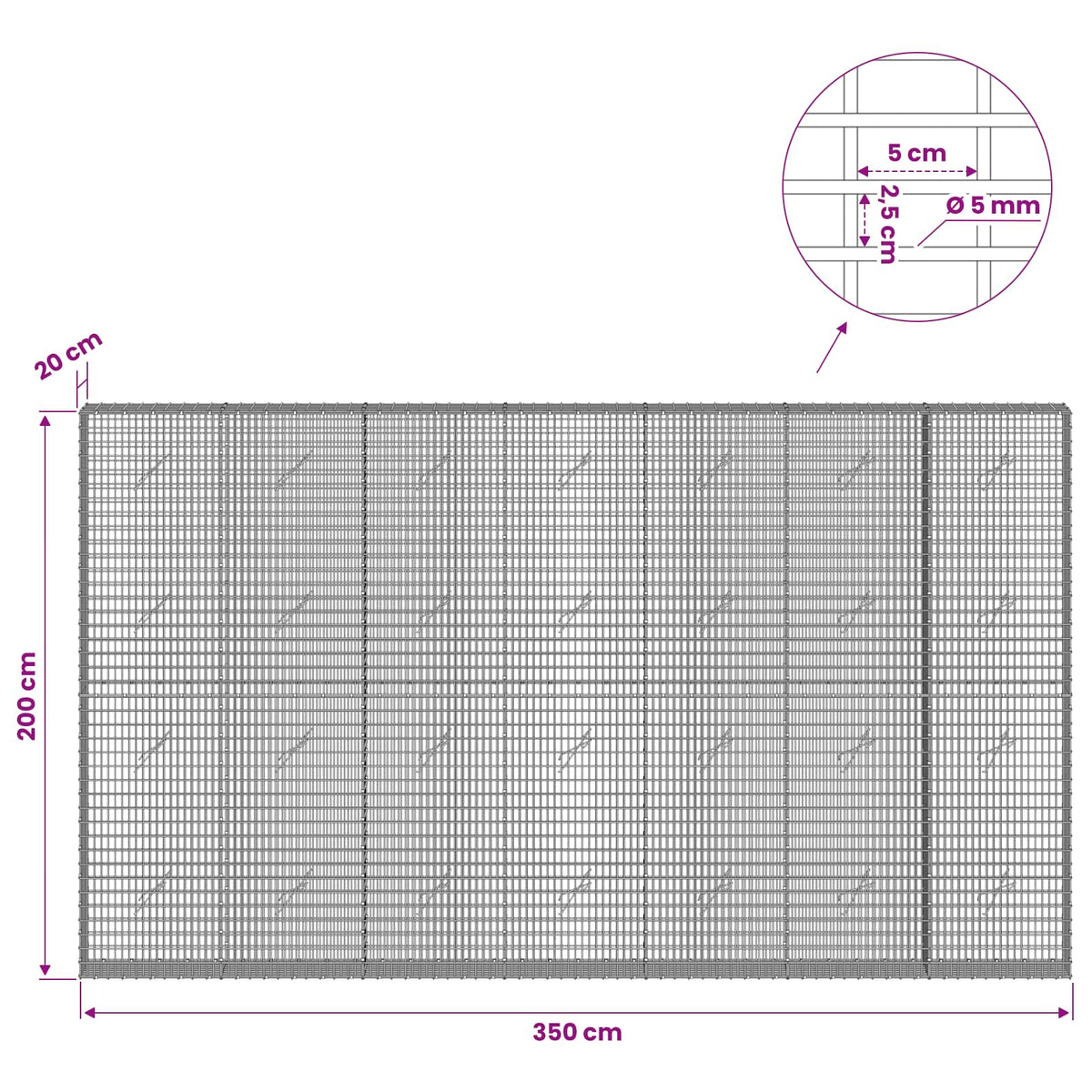 vidaXL Gabion with 5 mm Wire and 5x2.5 cm Mesh 350x20x200 cm 6