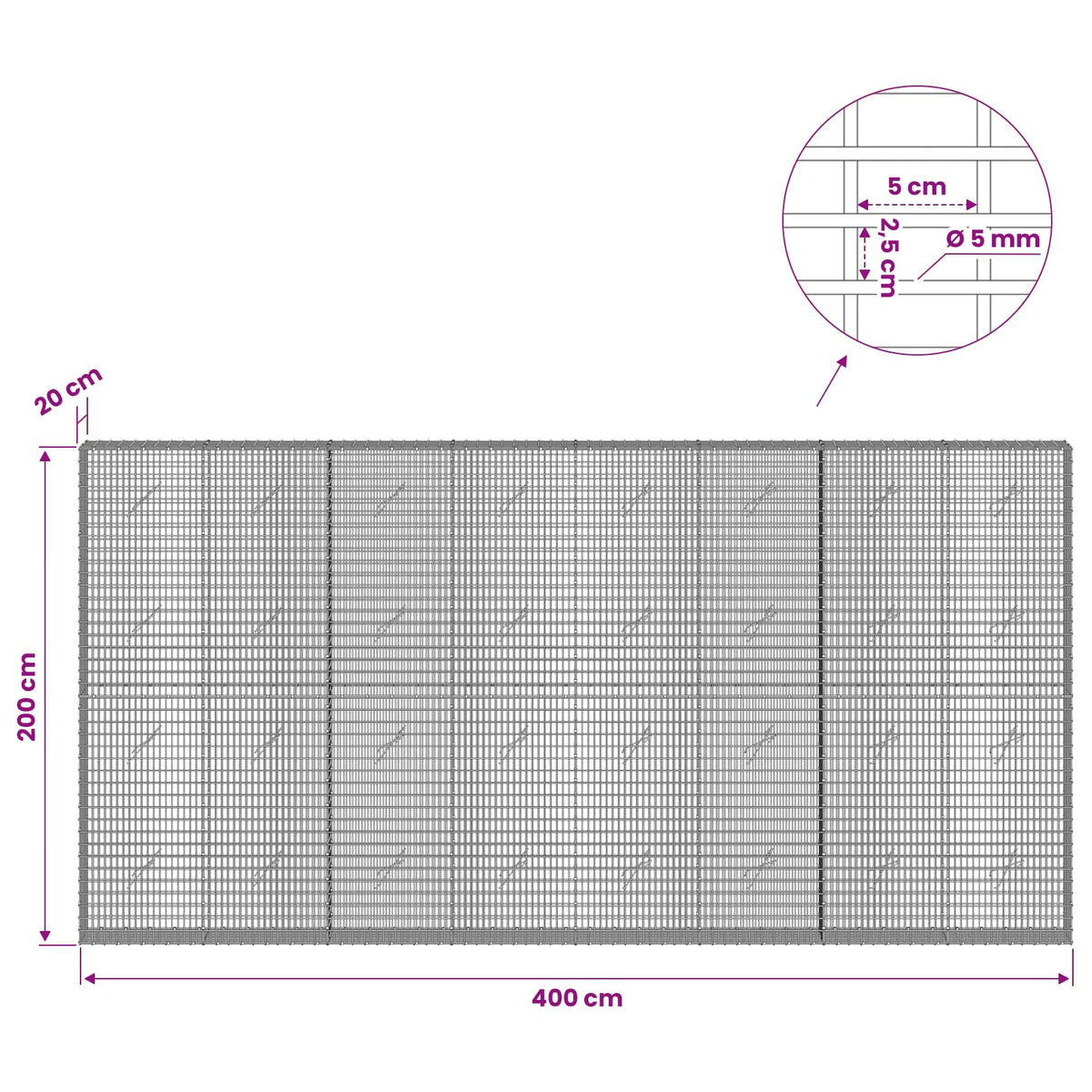 vidaXL Gabion with 5 mm Wire and 5x2.5 cm Mesh 400x20x200 cm 6