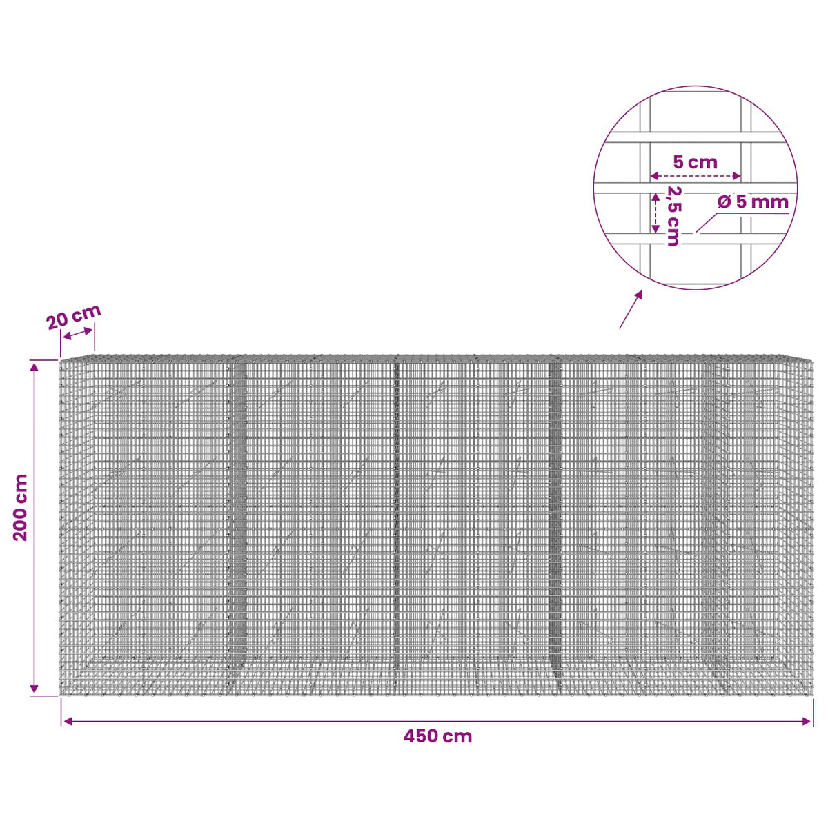 vidaXL Gabion with 5 mm Wire and 5x2.5 cm Mesh 450x20x200 cm 6