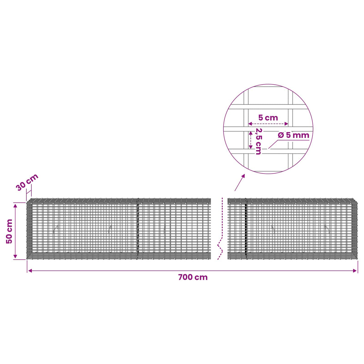vidaXL Gabion with 5 mm Wire and 5x2.5 cm Mesh 700x30x50 cm 6