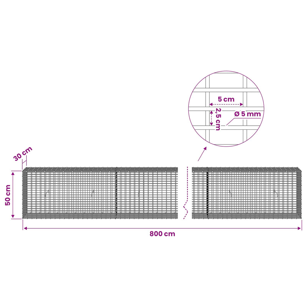 vidaXL Gabion with 5 mm Wire and 5x2.5 cm Mesh 800x30x50 cm 6