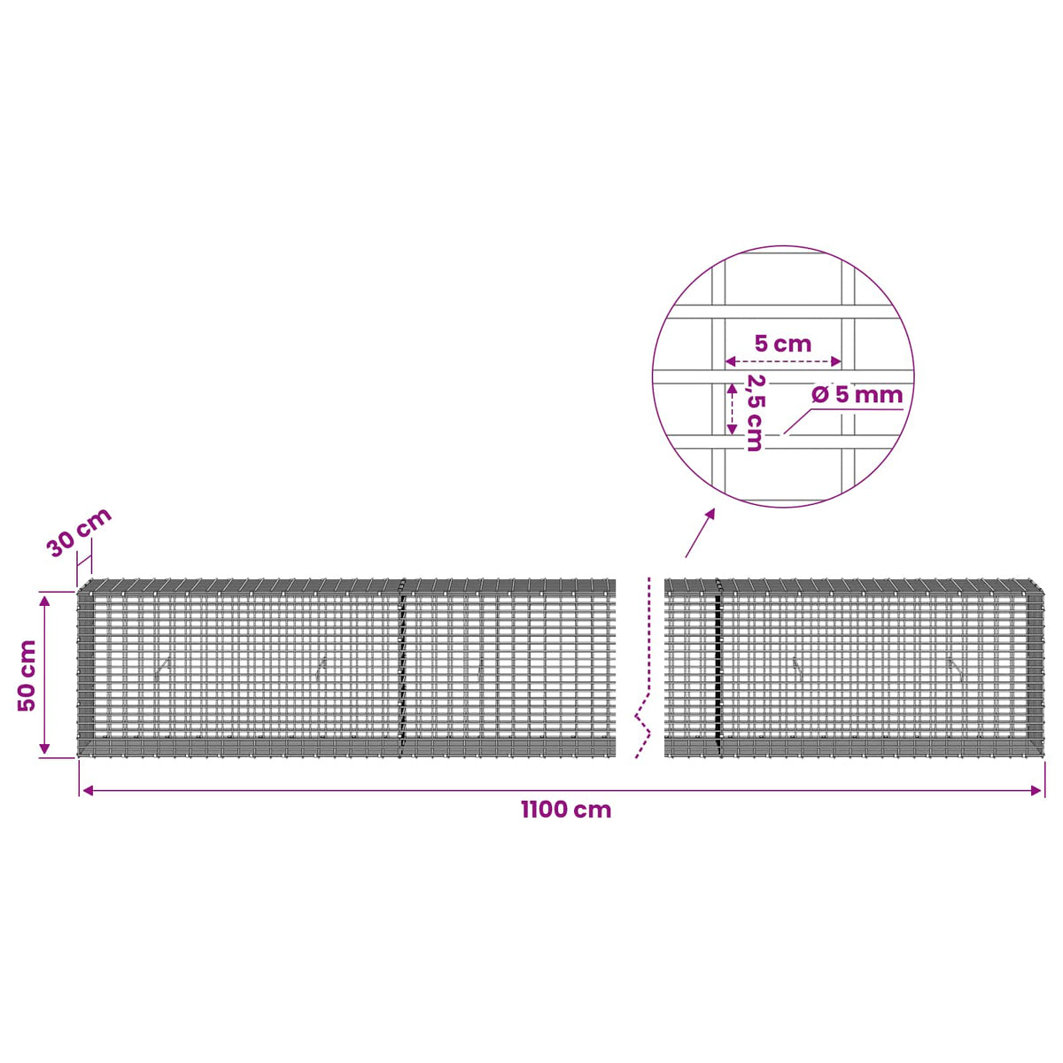 vidaXL Gabion with 5 mm Wire and 5x2.5 cm Mesh 1100x30x50 cm 6