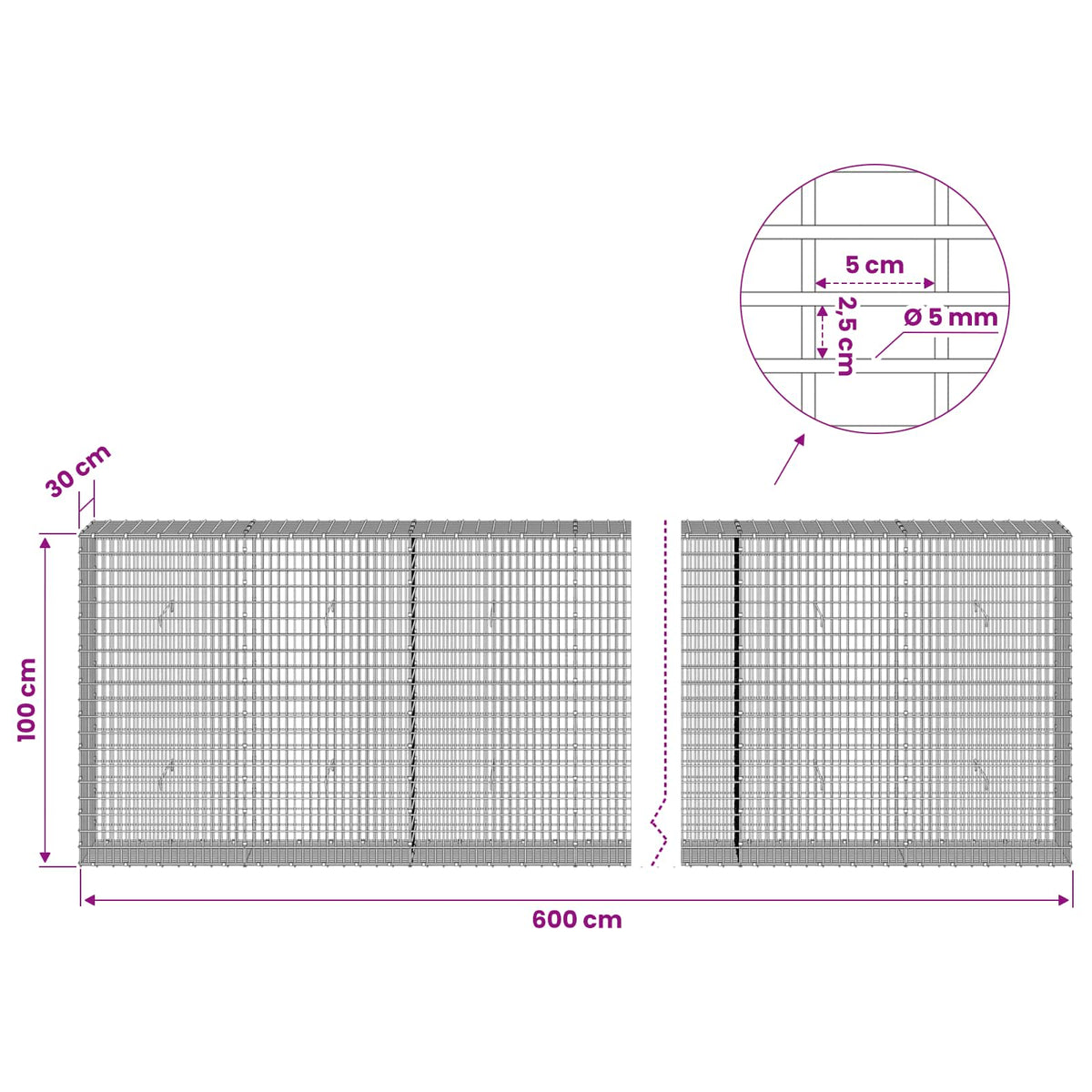 vidaXL Gabion with 5 mm Wire and 5x2.5 cm Mesh 600x30x100 cm 6
