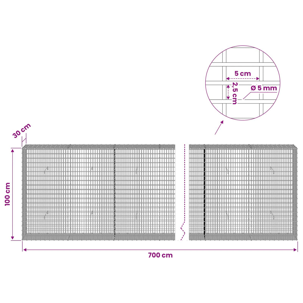 vidaXL Gabion with 5 mm Wire and 5x2.5 cm Mesh 700x30x100 cm 6