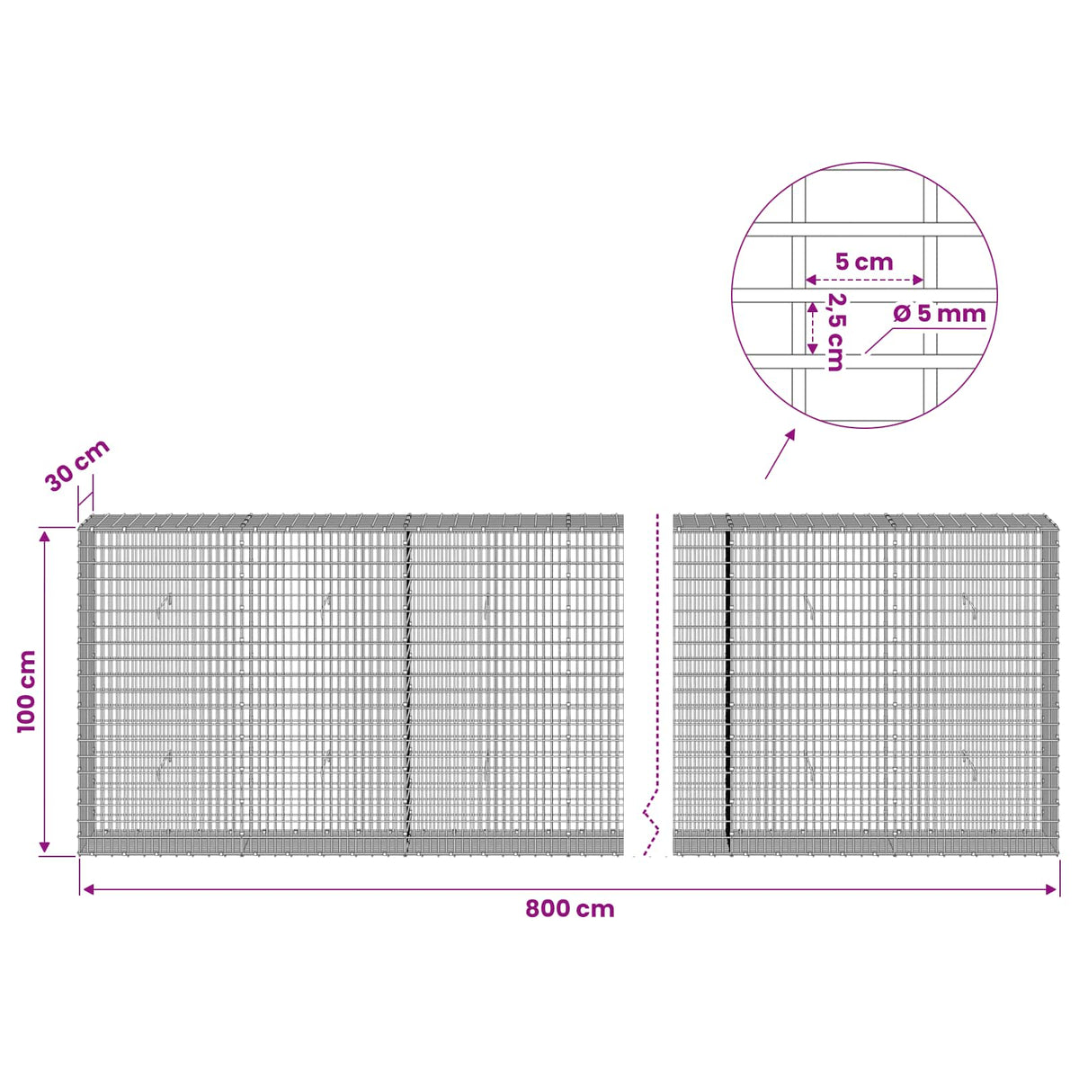 vidaXL Gabion with 5 mm Wire and 5x2.5 cm Mesh 800x30x100 cm 6