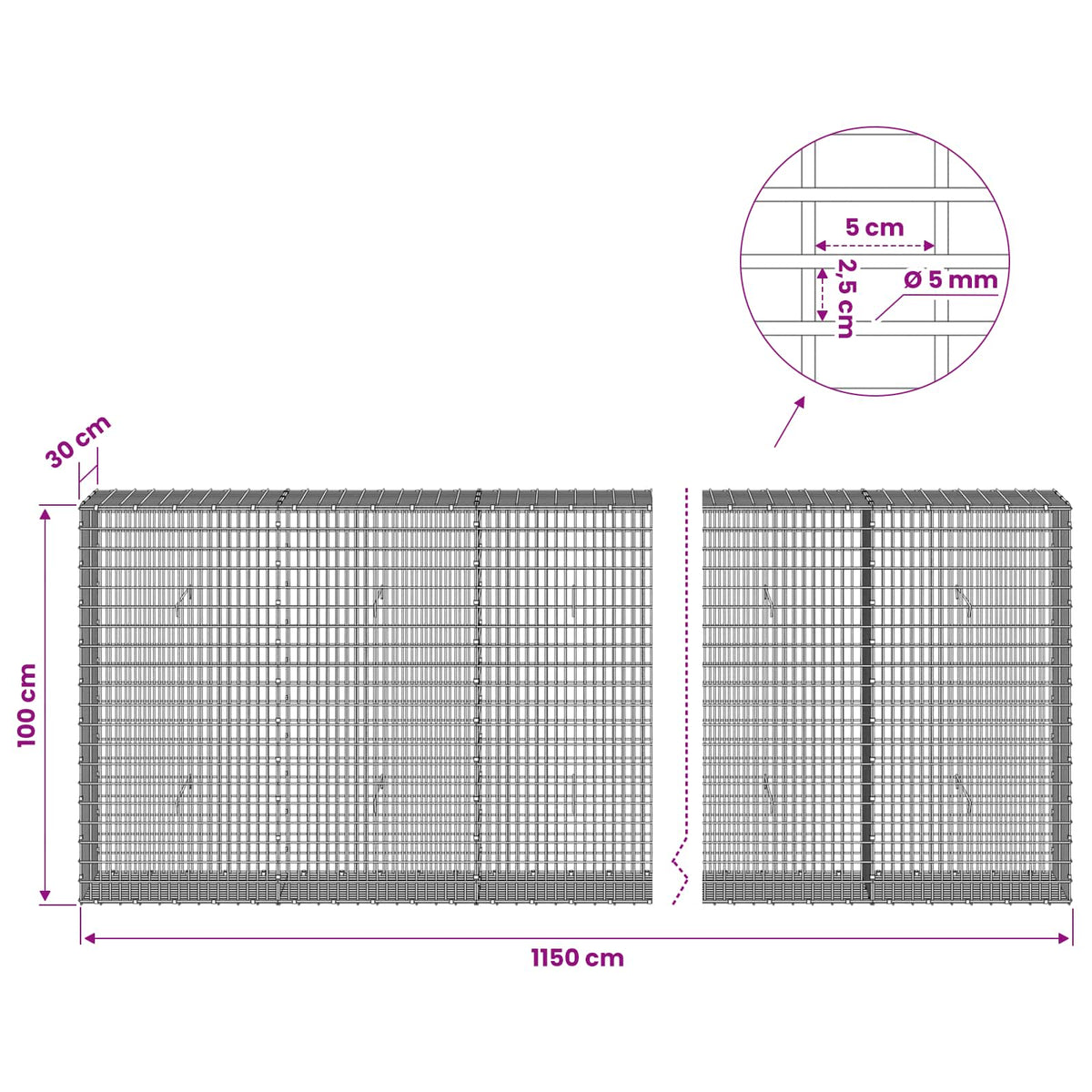 vidaXL Gabion with 5 mm Wire and 5x2.5 cm Mesh 1150x30x100 cm 6