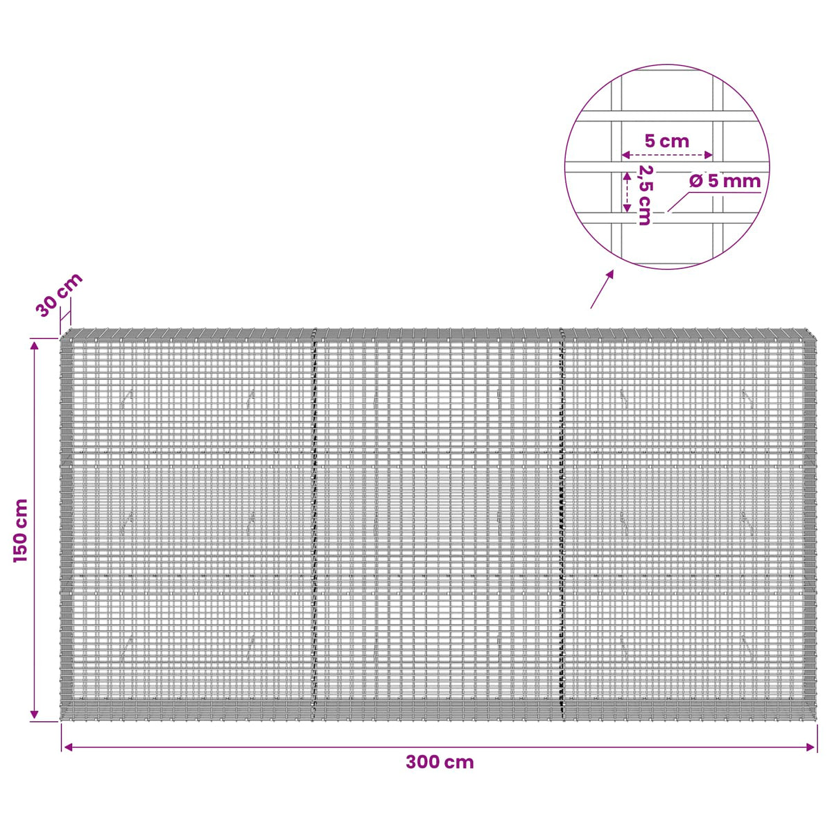 vidaXL Gabion with 5 mm Wire and 5x2.5 cm Mesh 300x30x150 cm 6