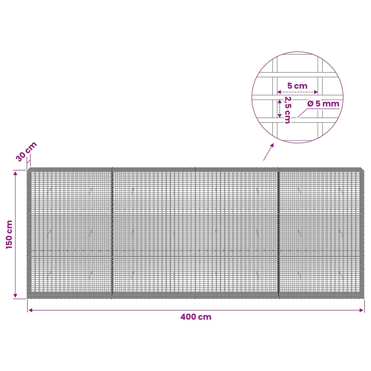 vidaXL Gabion with 5 mm Wire and 5x2.5 cm Mesh 400x30x150 cm 6