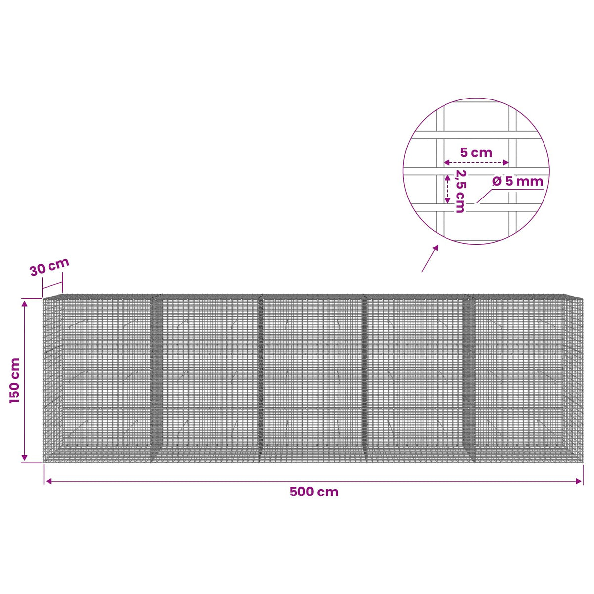 vidaXL Gabion with 5 mm Wire and 5x2.5 cm Mesh 500x30x150 cm 6