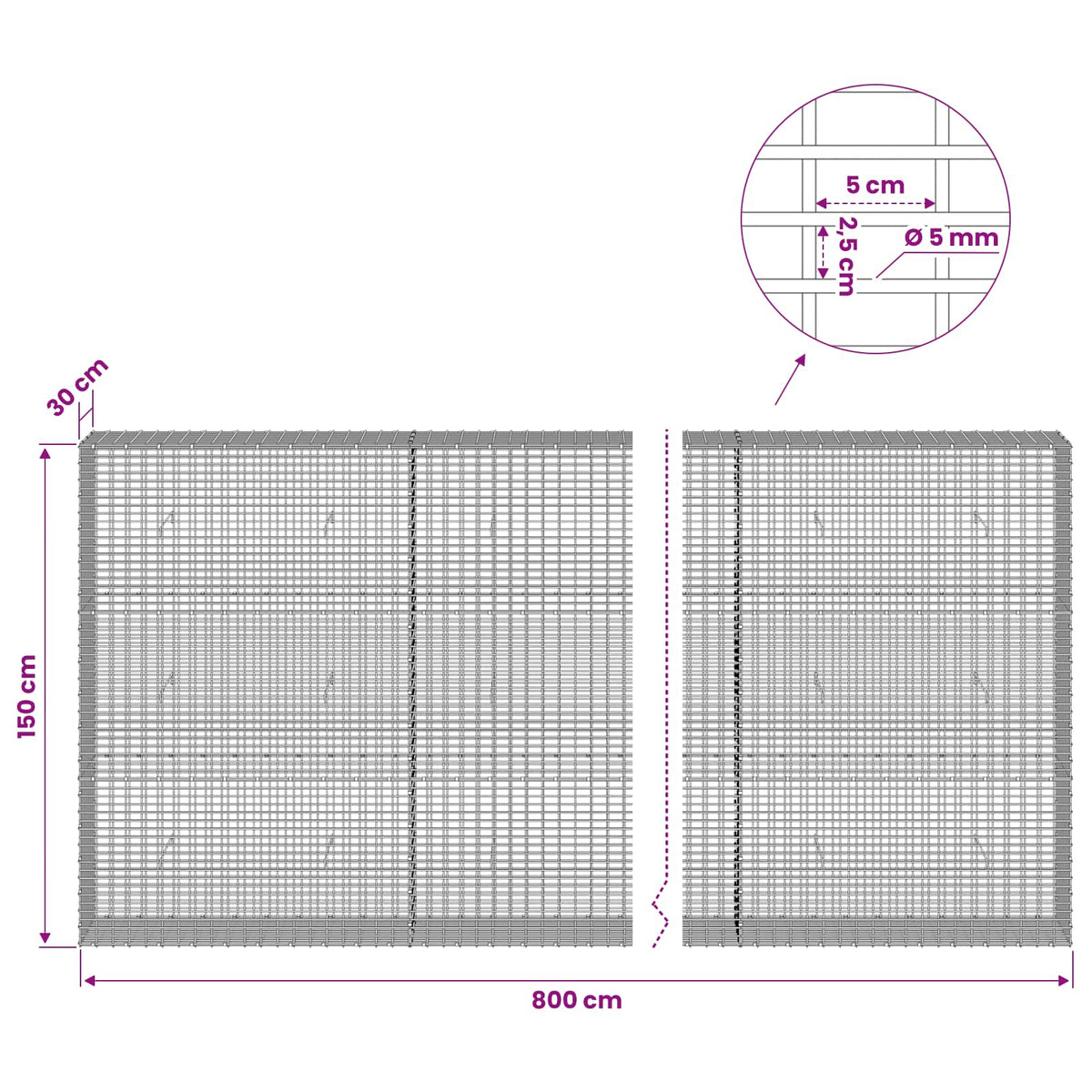 vidaXL Gabion with 5 mm Wire and 5x2.5 cm Mesh 800x30x150 cm 6