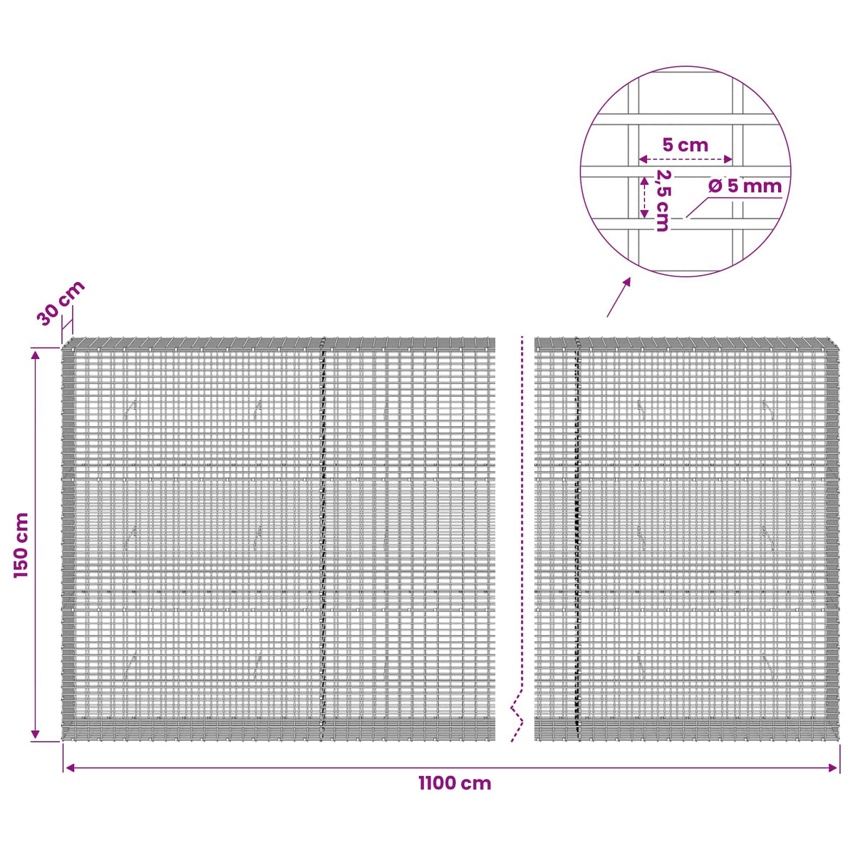 vidaXL Gabion with 5 mm Wire and 5x2.5 cm Mesh 1100x30x150 cm 6