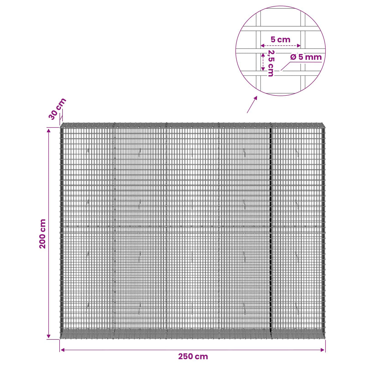 vidaXL Gabion with 5 mm Wire and 5x2.5 cm Mesh 250x30x200 cm 6