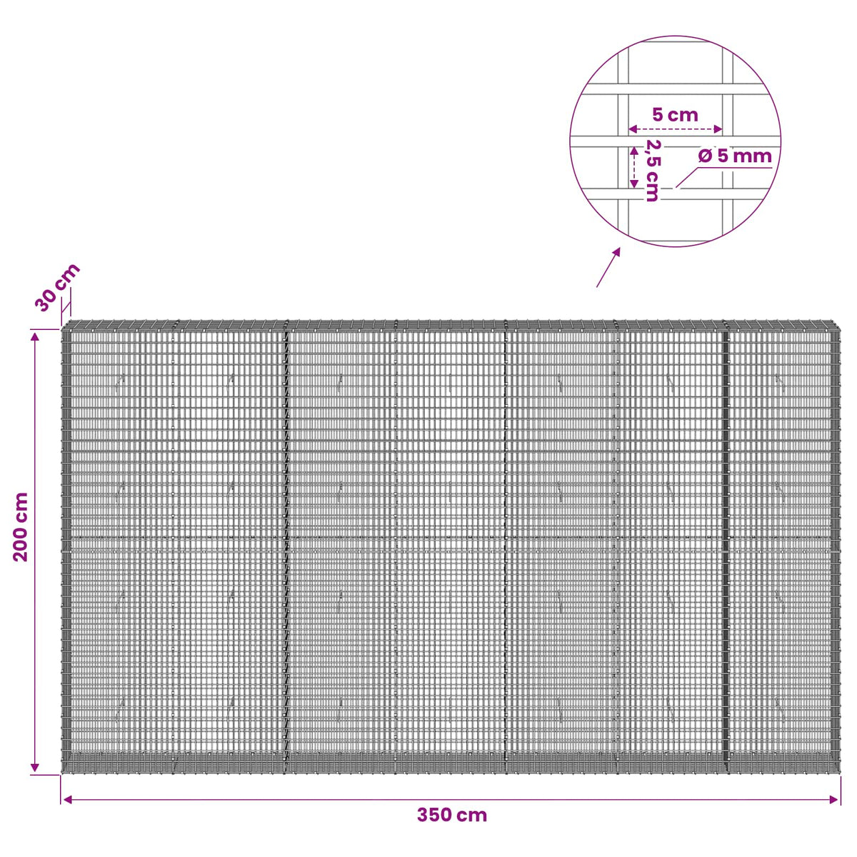 vidaXL Gabion with 5 mm Wire and 5x2.5 cm Mesh 350x30x200 cm 6