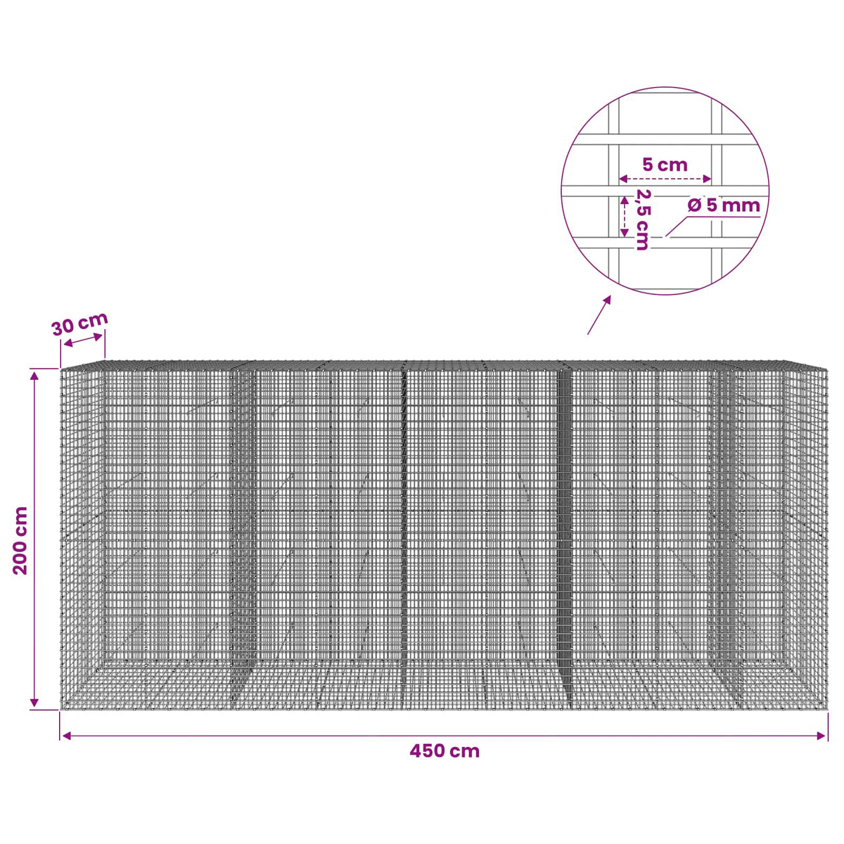 vidaXL Gabion with 5 mm Wire and 5x2.5 cm Mesh 450x30x200 cm 6