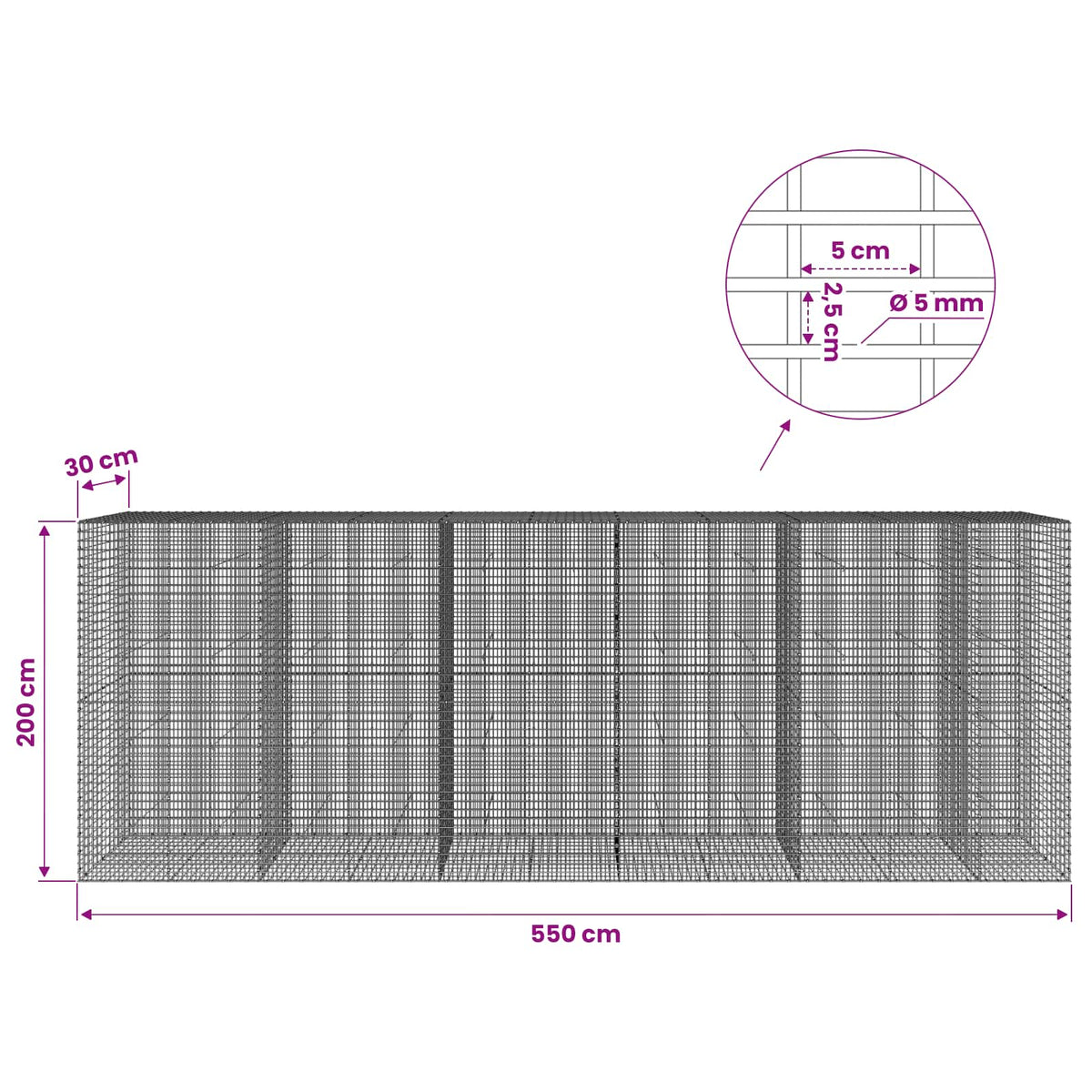 vidaXL Gabion with 5 mm Wire and 5x2.5 cm Mesh 550x30x200 cm 6