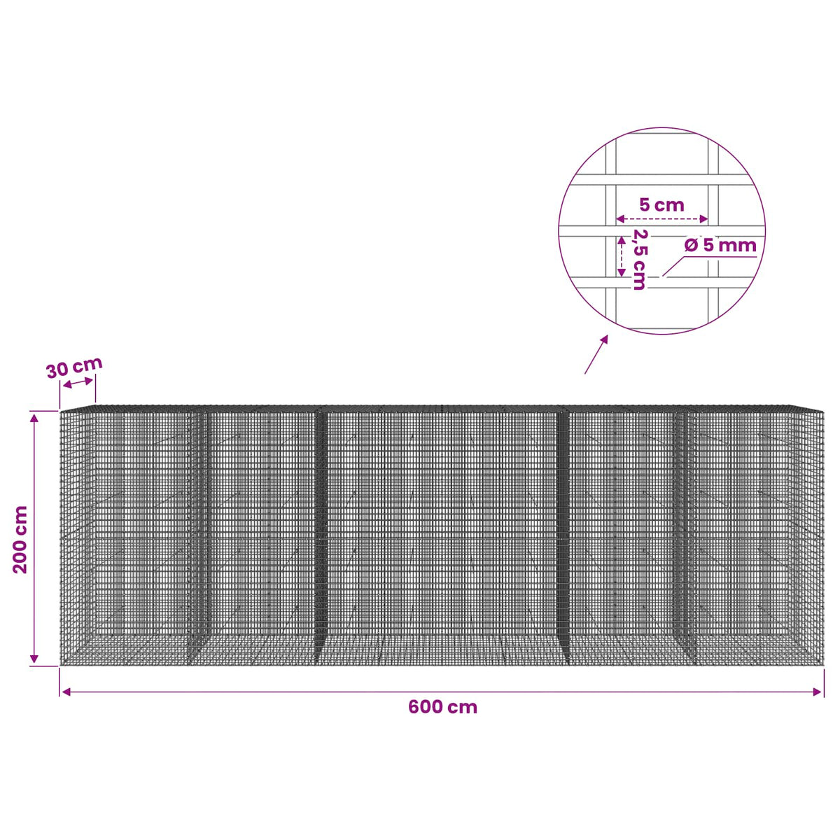 vidaXL Gabion with 5 mm Wire and 5x2.5 cm Mesh 600x30x200 cm 6