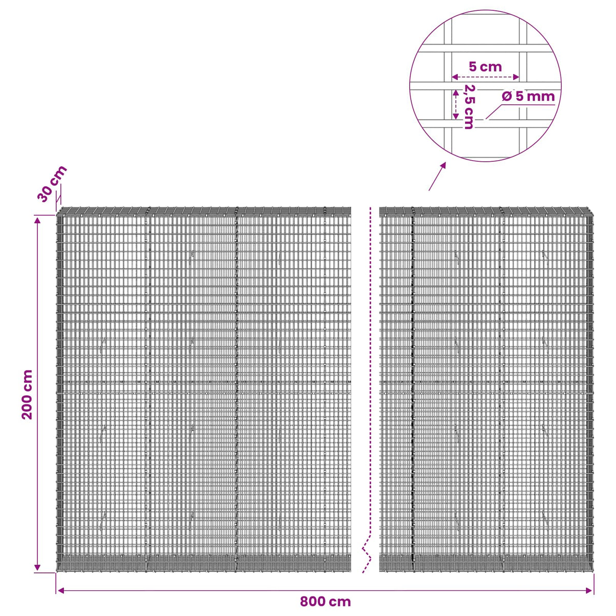 vidaXL Gabion with 5 mm Wire and 5x2.5 cm Mesh 800x30x200 cm 6