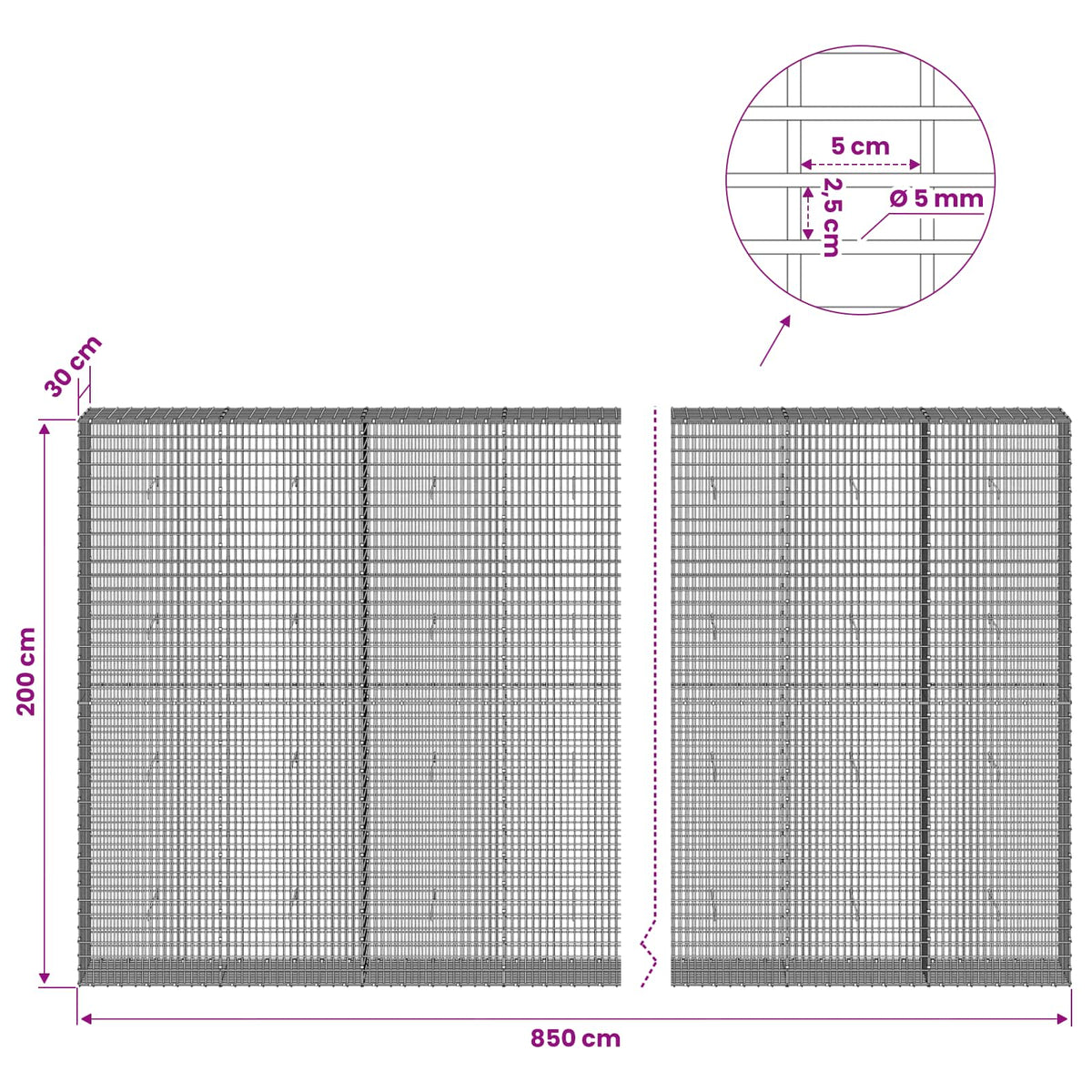 vidaXL Gabion with 5 mm Wire and 5x2.5 cm Mesh 850x30x200 cm 6