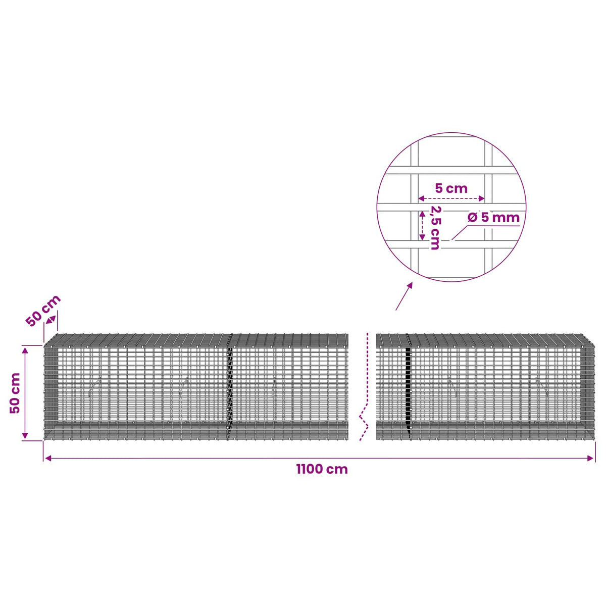 vidaXL Gabion with 5 mm Wire and 5x2.5 cm Mesh 1100x50x50 cm 6