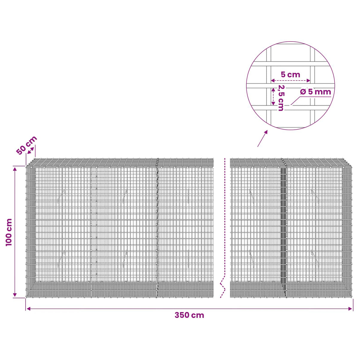 vidaXL Gabion with 5 mm Wire and 5x2.5 cm Mesh 350x50x100 cm 6