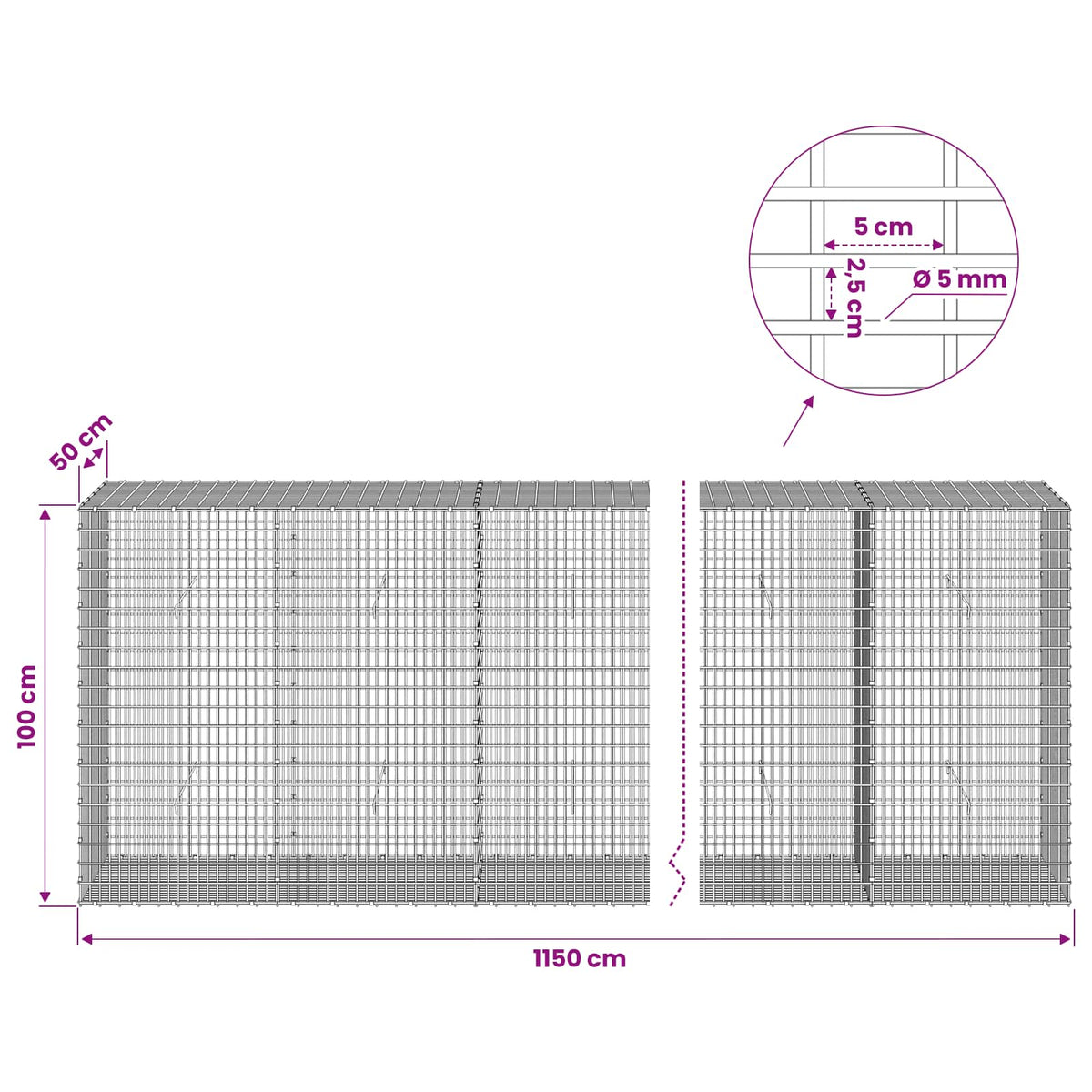 vidaXL Gabion with 5 mm Wire and 5x2.5 cm Mesh 1150x50x100 cm 6