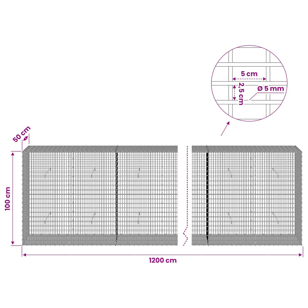 vidaXL Gabion with 5 mm Wire and 5x2.5 cm Mesh 1200x50x100 cm 6