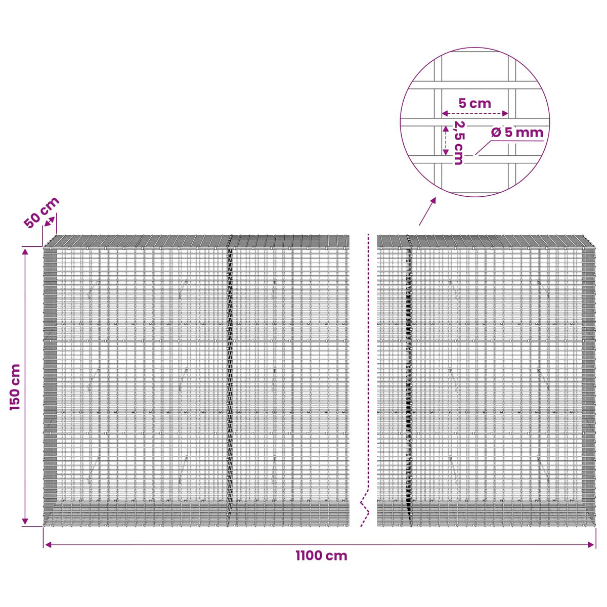 vidaXL Gabion with 5 mm Wire and 5x2.5 cm Mesh 1100x50x150 cm 6