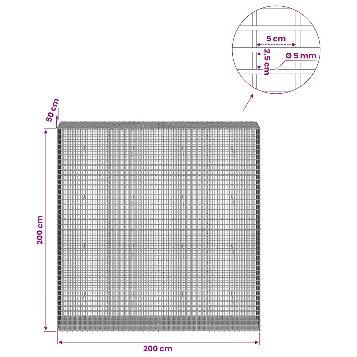 vidaXL Gabion with 5 mm Wire and 5x2.5 cm Mesh 200x50x200 cm 6