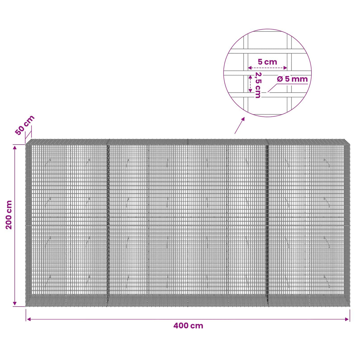 vidaXL Gabion with 5 mm Wire and 5x2.5 cm Mesh 400x50x200 cm 6