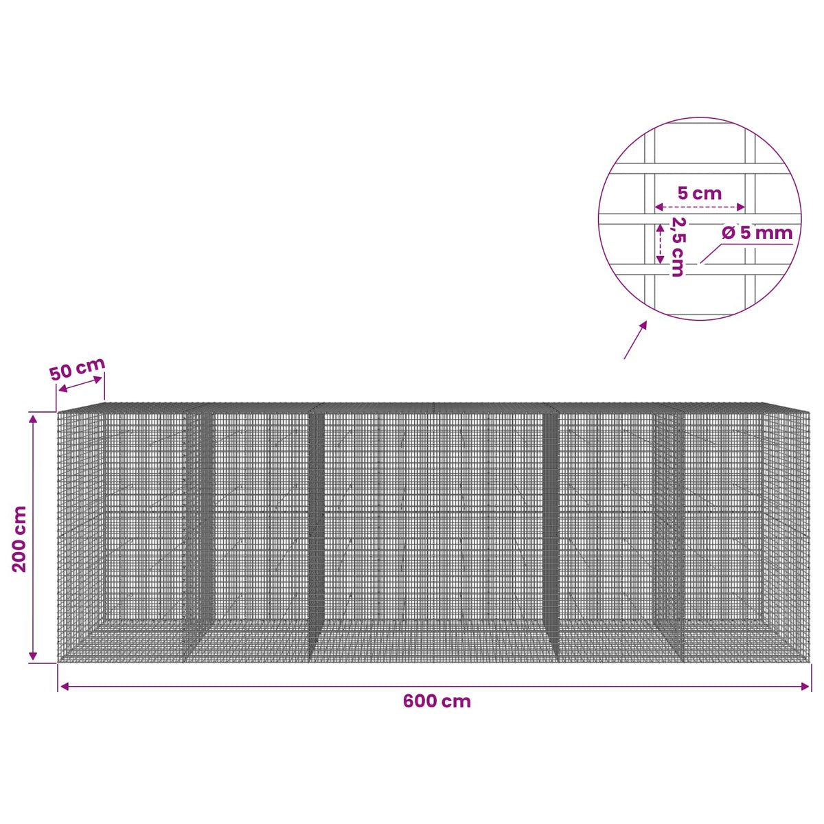 vidaXL Gabion with 5 mm Wire and 5x2.5 cm Mesh 600x50x200 cm 6