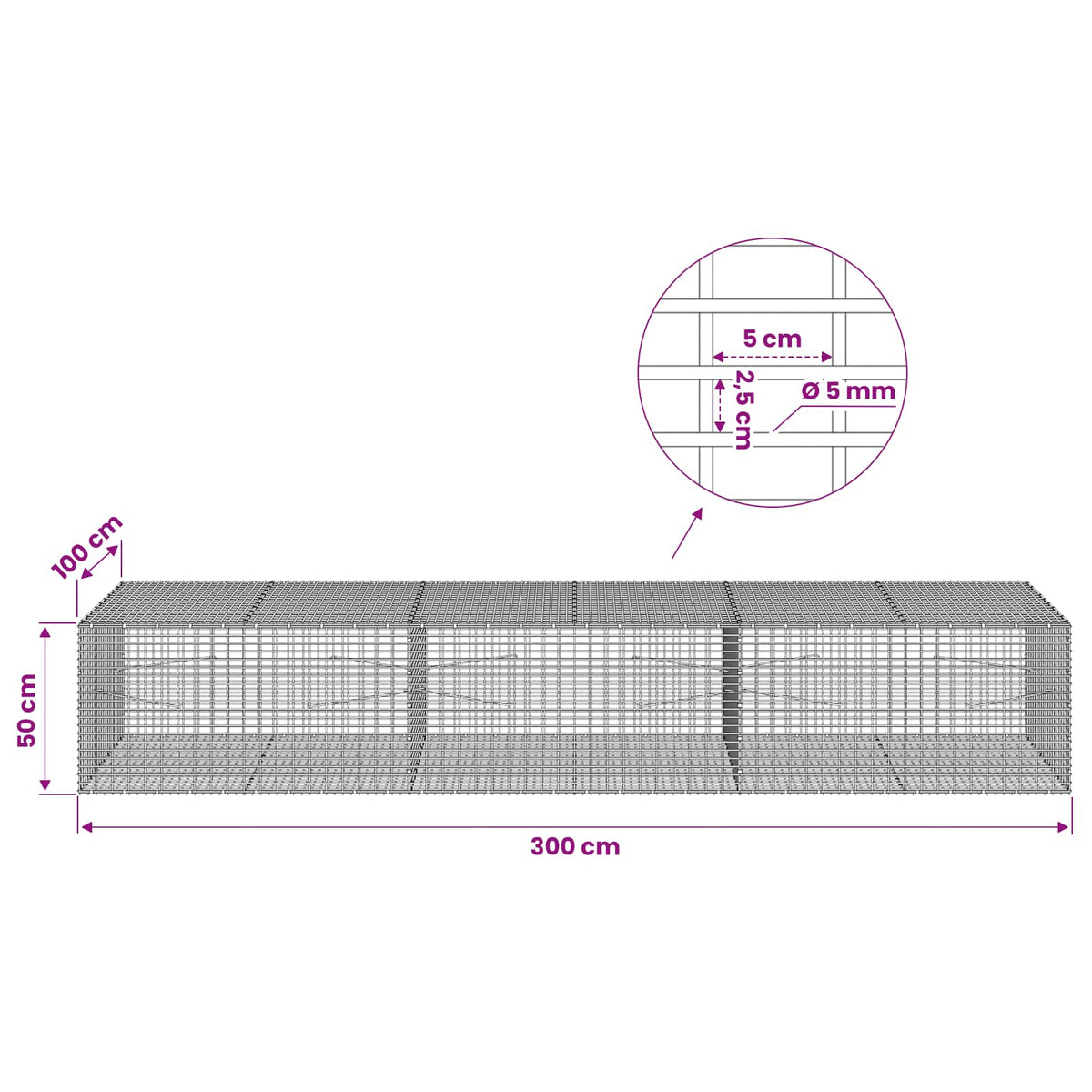vidaXL Gabion with 5 mm Wire and 5x2.5 cm Mesh 300x100x50 cm 6