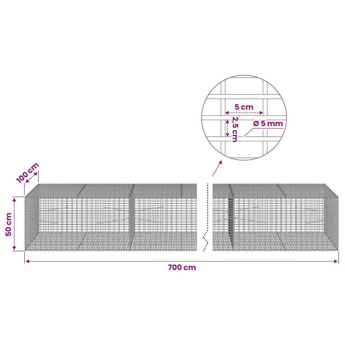 vidaXL Gabion with 5 mm Wire and 5x2.5 cm Mesh 700x100x50 cm 6