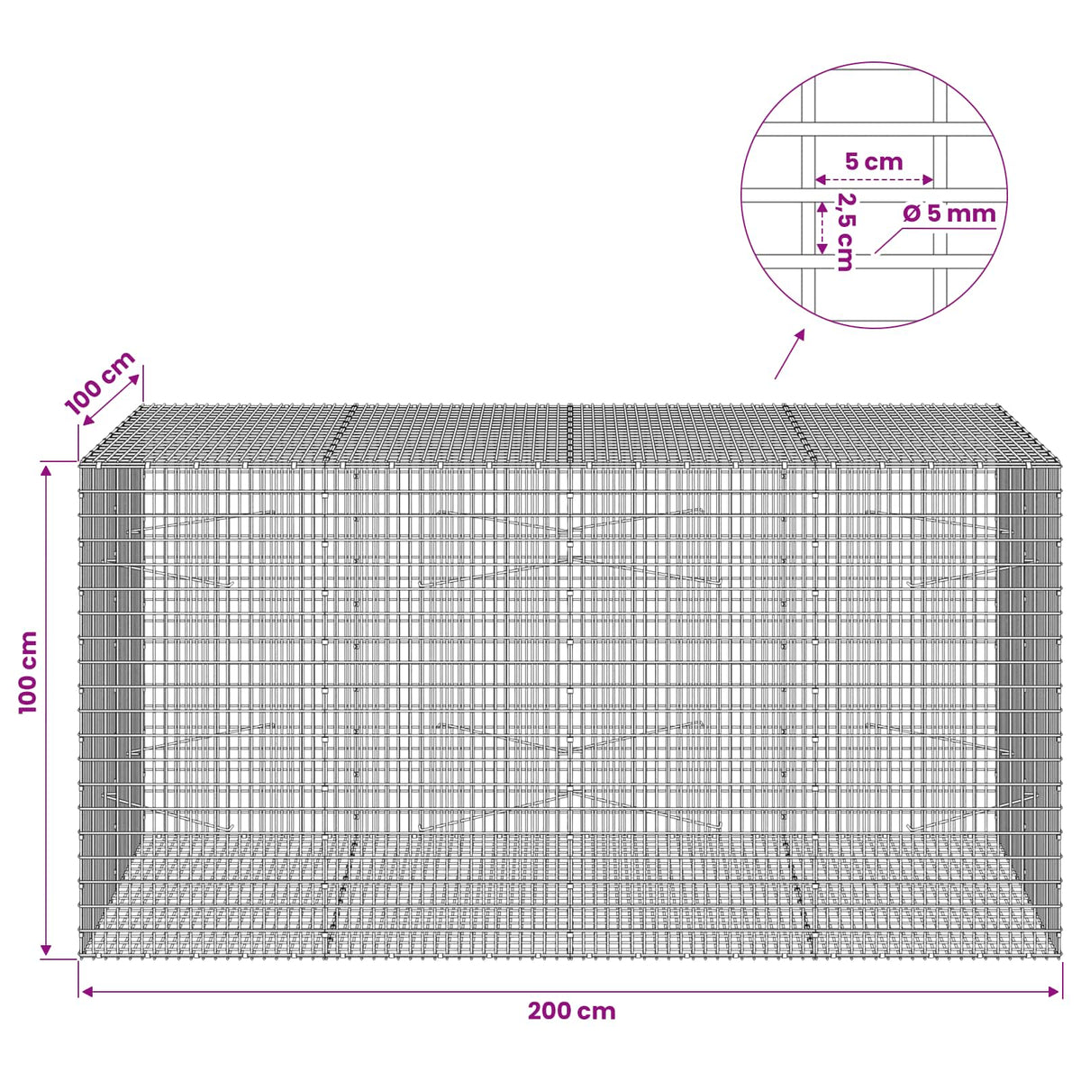 vidaXL Gabion with 5 mm Wire and 5x2.5 cm Mesh 200x100x100 cm 6