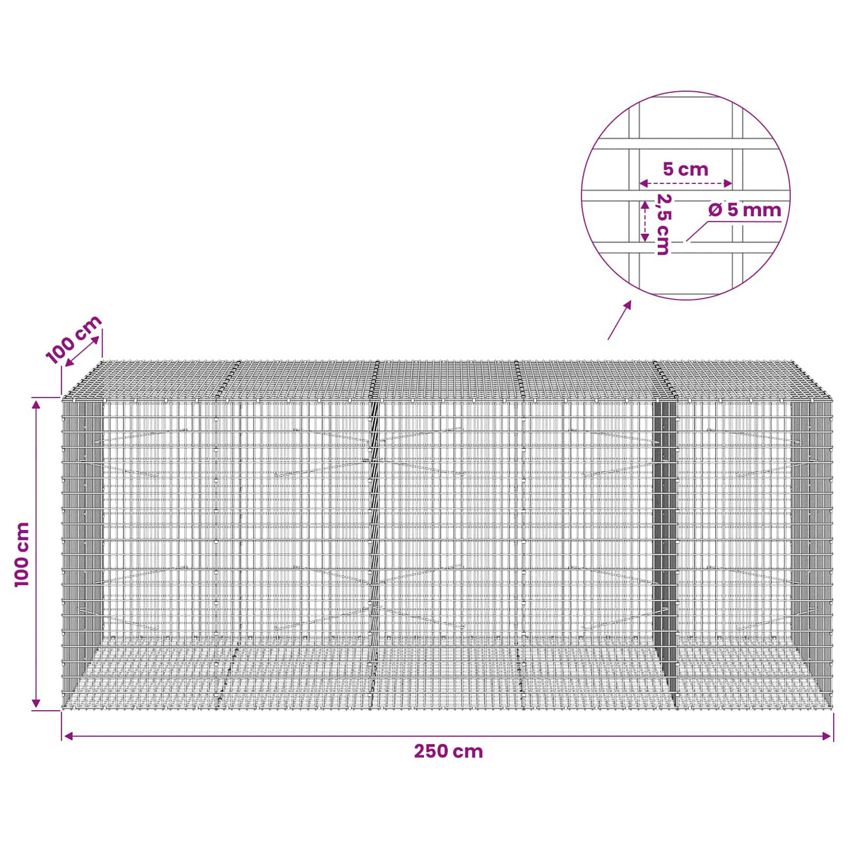 vidaXL Gabion with 5 mm Wire and 5x2.5 cm Mesh 300x100x100 cm 6