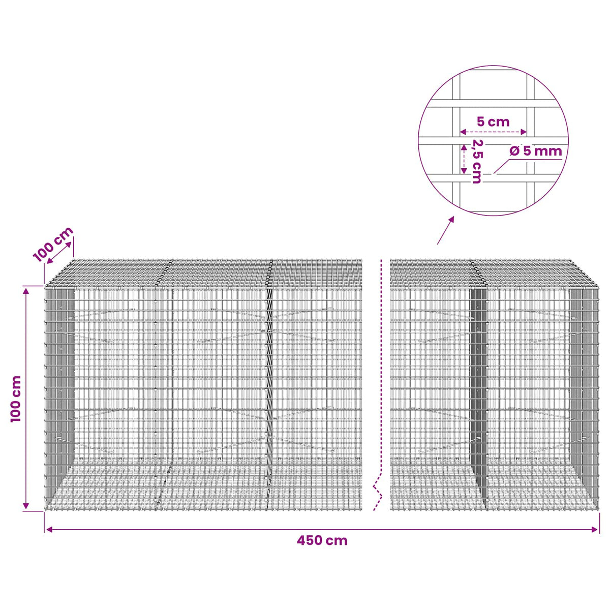 vidaXL Gabion with 5 mm Wire and 5x2.5 cm Mesh 450x100x100 cm 6