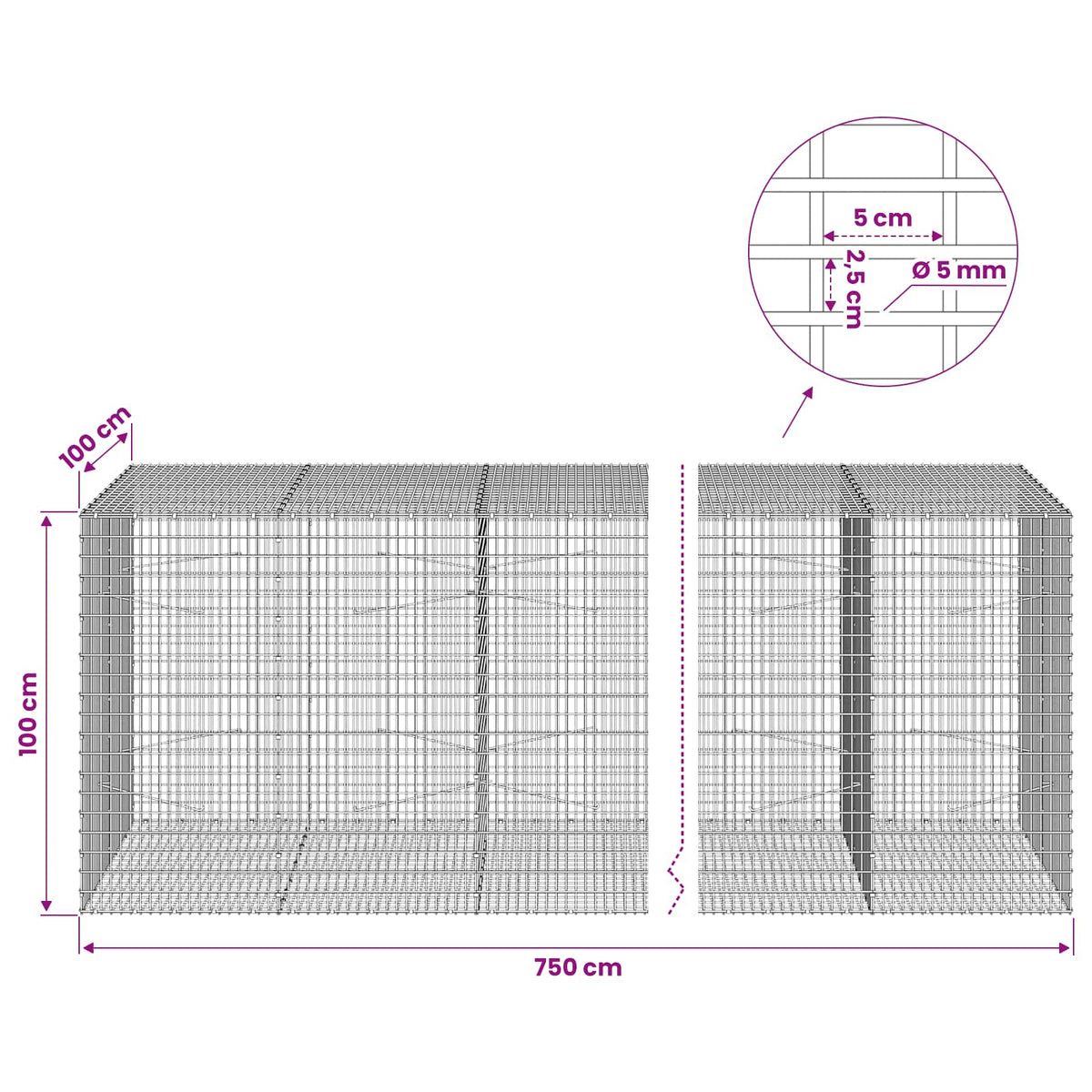 vidaXL Gabion with 5 mm Wire and 5x2.5 cm Mesh 750x100x100 cm 6