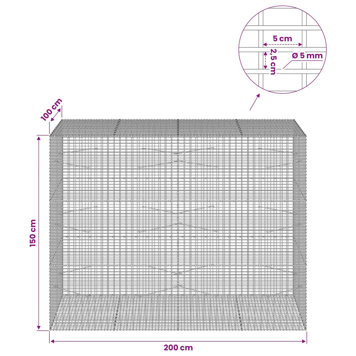 vidaXL Gabion with 5 mm Wire and 5x2.5 cm Mesh 200x100x150 cm 6