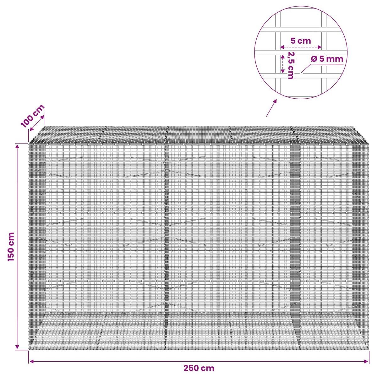 vidaXL Gabion with 5 mm Wire and 5x2.5 cm Mesh 250x100x150 cm 6