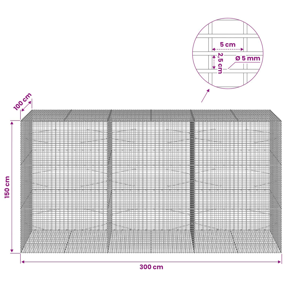 vidaXL Gabion with 5 mm Wire and 5x2.5 cm Mesh 300x100x150 cm 6