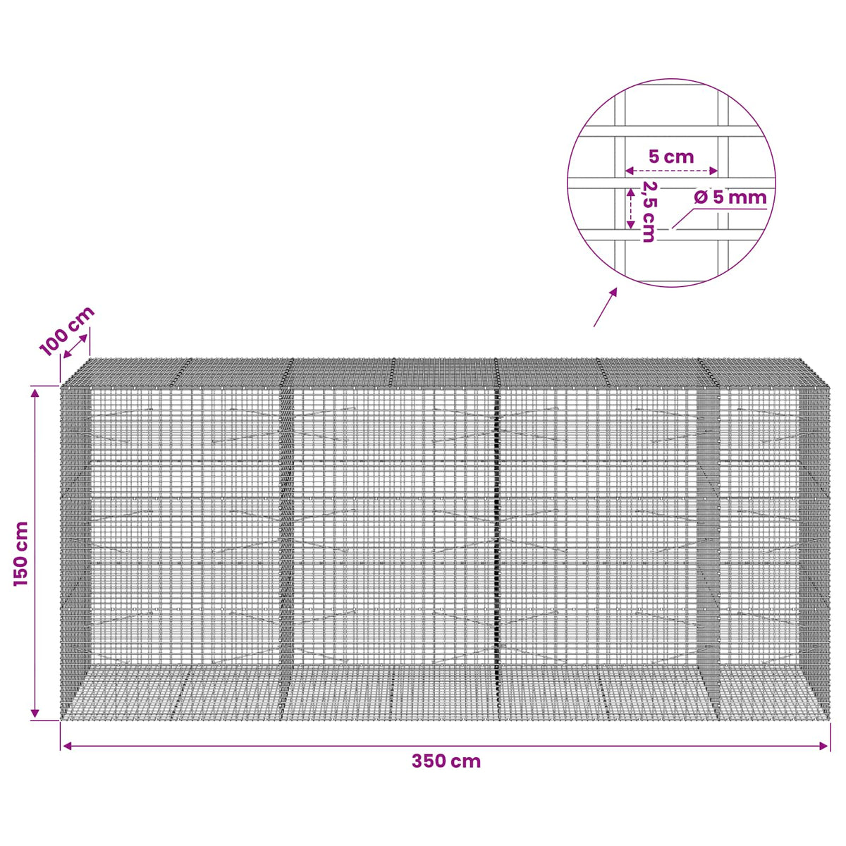 vidaXL Gabion with 5 mm Wire and 5x2.5 cm Mesh 350x100x150 cm 6