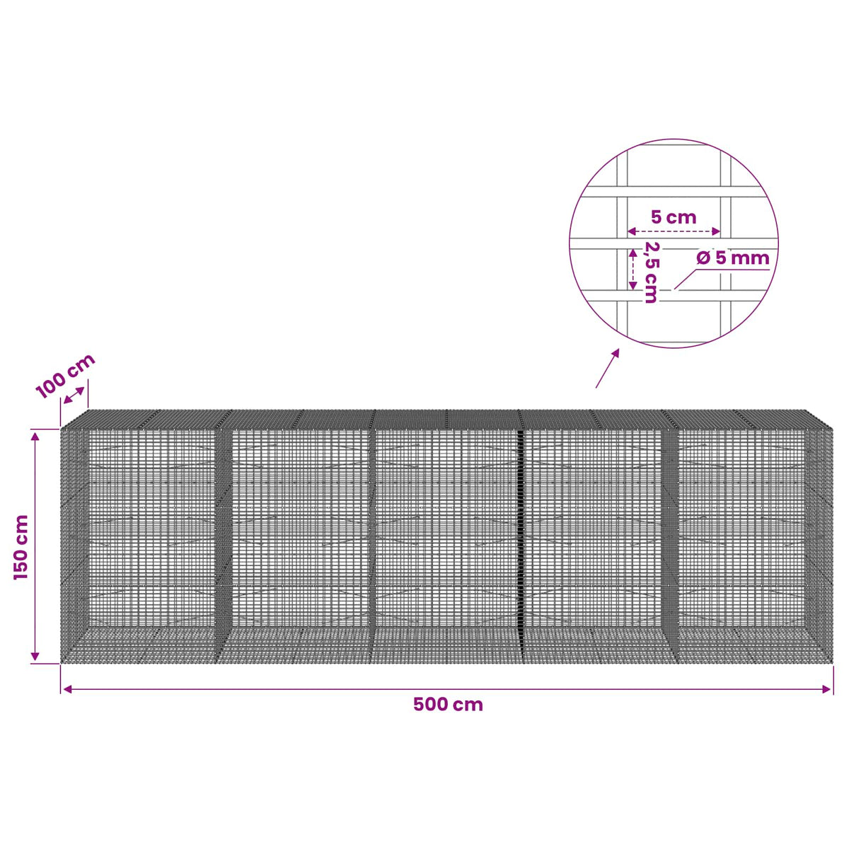 vidaXL Gabion with 5 mm Wire and 5x2.5 cm Mesh 500x100x150 cm 6