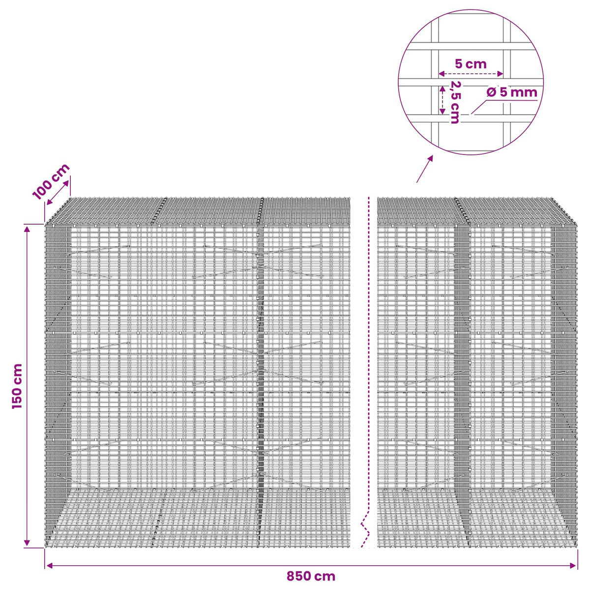 vidaXL Gabion with 5 mm Wire and 5x2.5 cm Mesh 850x100x150 cm 6