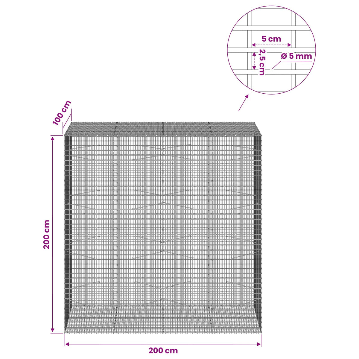 vidaXL Gabion with 5 mm Wire and 5x2.5 cm Mesh 200x100x200 cm 6