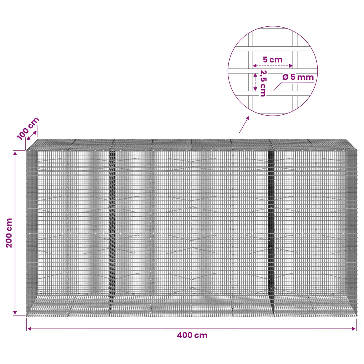 vidaXL Gabion with 5 mm Wire and 5x2.5 cm Mesh 400x100x200 cm 6