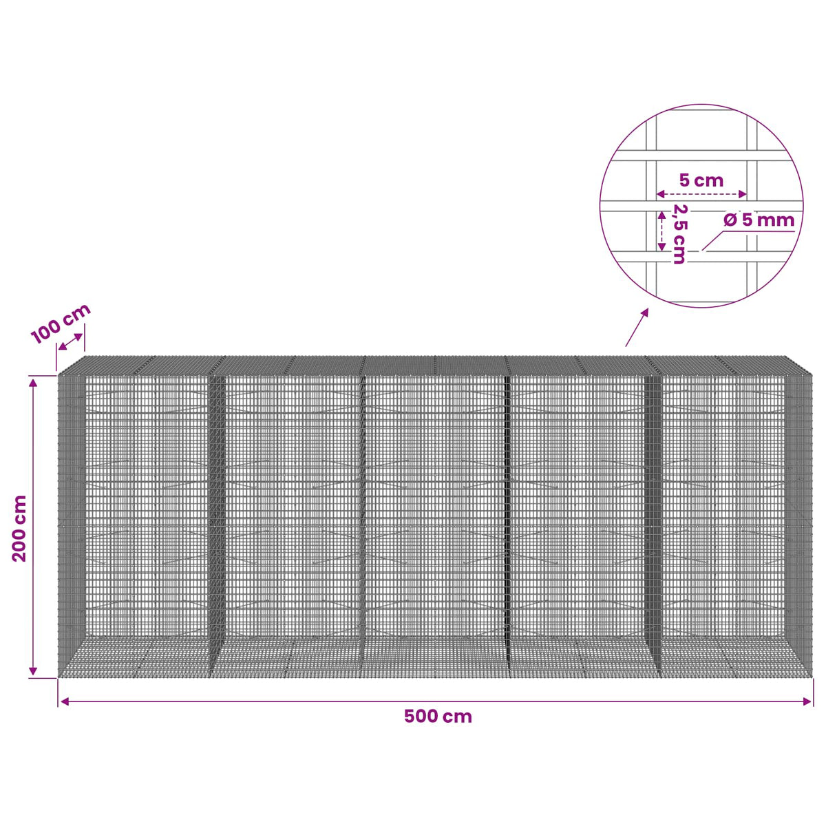 vidaXL Gabion with 5 mm Wire and 5x2.5 cm Mesh 500x100x200 cm 6