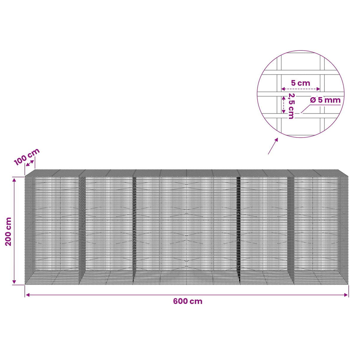 vidaXL Gabion with 5 mm Wire and 5x2.5 cm Mesh 600x100x200 cm 6