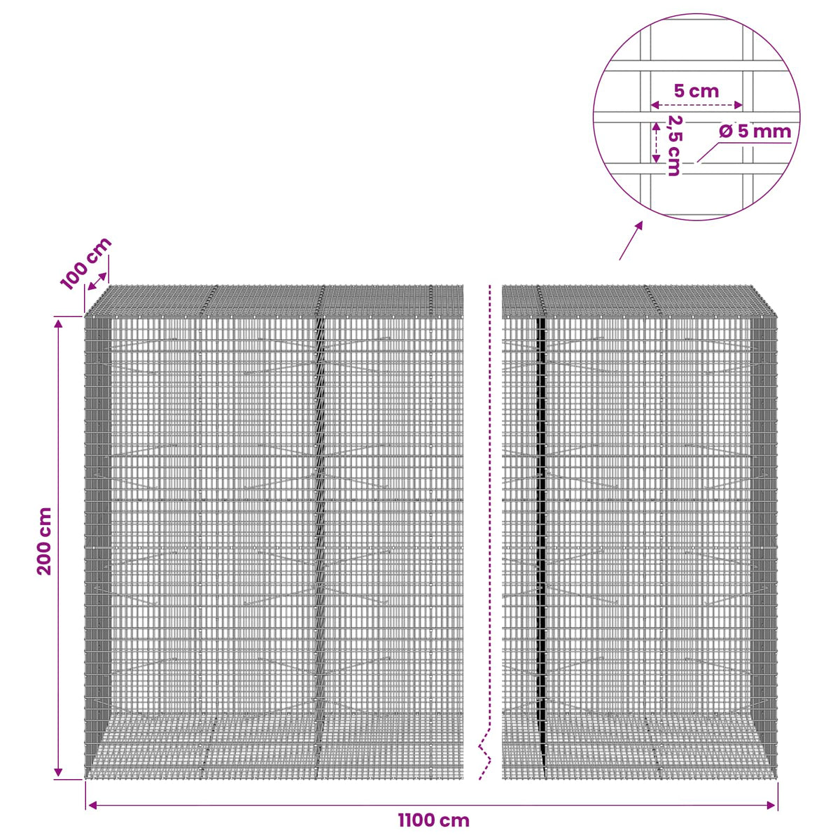 vidaXL Gabion with 5 mm Wire and 5x2.5 cm Mesh 1100x100x200 cm 6